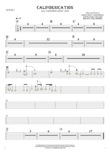 Californication - Tablature (rhythm values) for guitar - guitar 1 part