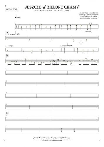 Jeszcze w zielone gramy - Tablature (rhythm. values) for bass guitar