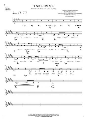 Take On Me - Notes, lyrics and chords for vocal with accompaniment