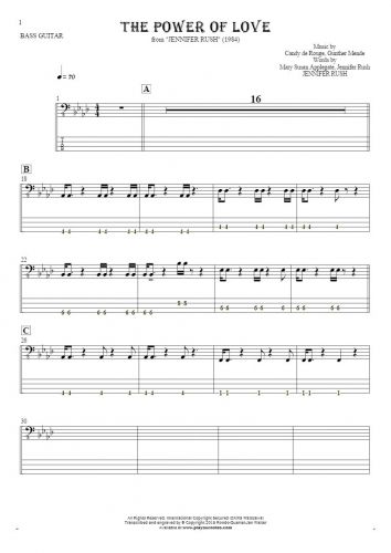 The Power Of Love - Notes and tablature for bass guitar