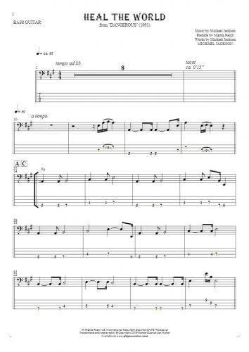Heal The World - Notes and tablature for bass guitar