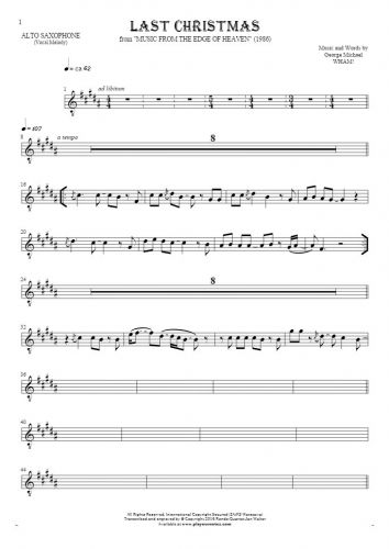 Last Christmas - Notes for alto saxophone - melody line