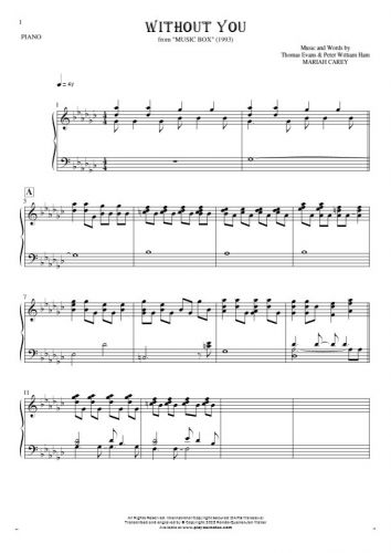 Without You - Notes for piano