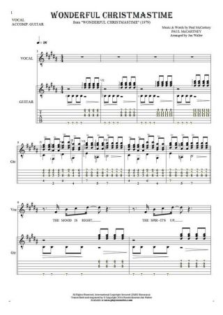 Wonderful Christmastime - Notes, tablature and lyrics for vocal with guitar accompaniment
