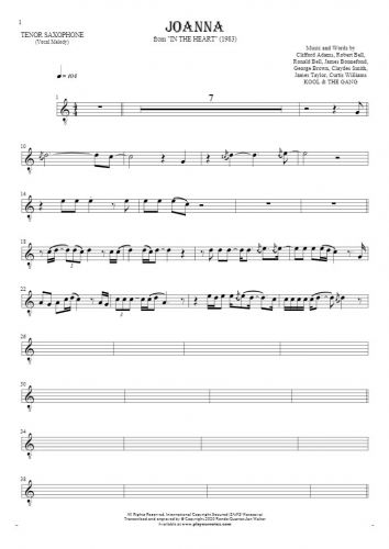 Joanna - Notes for tenor saxophone - melody line