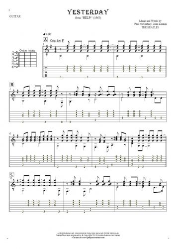 Yesterday - Notes (in transposing) and tablature for guitar