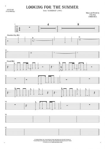 Looking For The Summer - Tablature (rhythm. values) for guitar - melody line