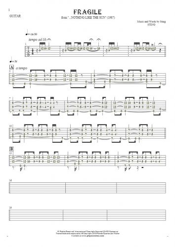 Fragile - Tablature (rhythm. values) for guitar