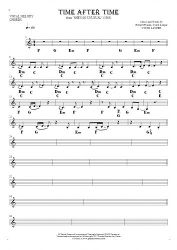 Time After Time - Notes and chords for solo voice with accompaniment