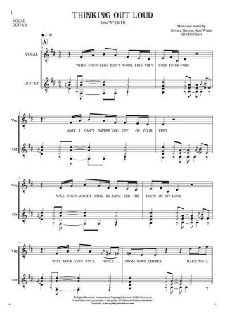 Thinking Out Loud - Notes and lyrics for vocal with guitar accompaniment