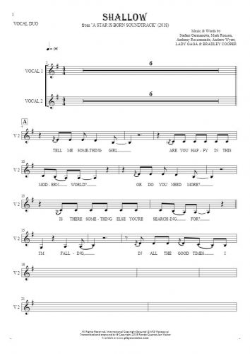 Shallow - Notes and lyrics for vocal - melody line