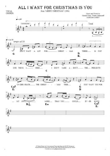 All I Want For Christmas Is You - Notes, lyrics and chords for vocal with accompaniment