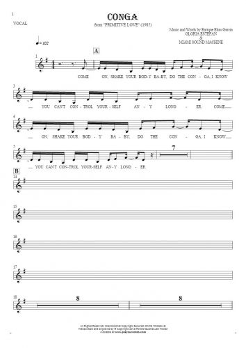 Conga - Notes and lyrics for vocal - melody line
