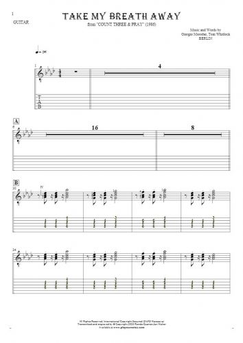 Take My Breath Away - Notes and tablature for guitar