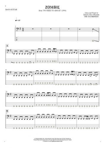 Zombie - Notes and tablature for bass guitar