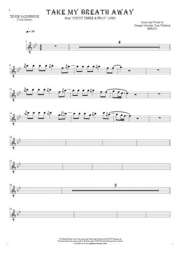 Take My Breath Away - Notes for tenor saxophone - melody line