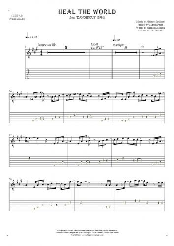 Heal The World - Notes and tablature for guitar - melody line