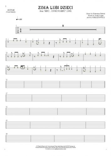 Zima lubi dzieci - Tablature (rhythm. values) for guitar - melody line