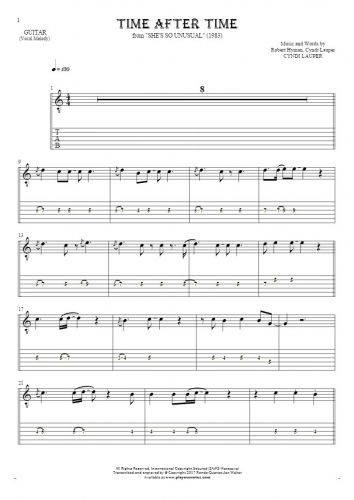 Time After Time - Notes and tablature for guitar - melody line