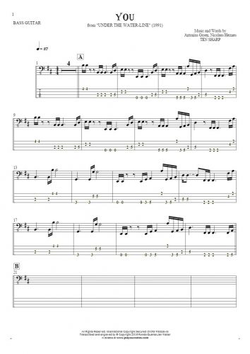 You - Notes and tablature for bass guitar