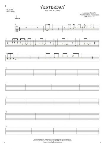 Yesterday - Tablature (rhythm values) for guitar - melody line