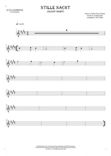 Silent Night - Notes for alto saxophone - melody line