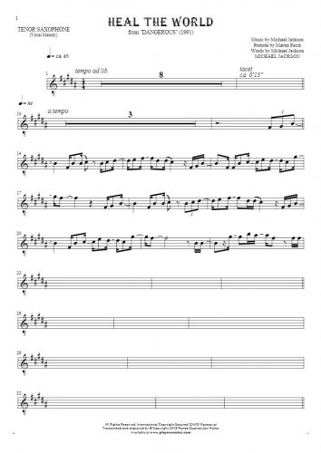 Heal The World - Notes for tenor saxophone - melody line