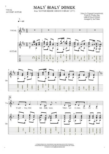 Mały biały domek - Notes, tablature and lyrics for vocal with guitar accompaniment