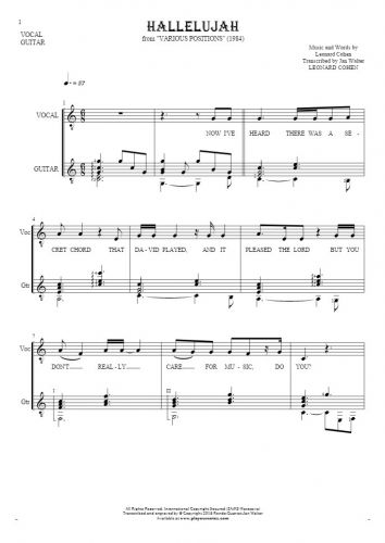 Hallelujah - Noten und Liedtekst für Solo Stimme mit Gitarrenbegleitung