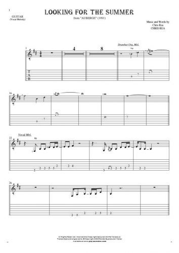 Looking For The Summer - Notes and tablature for guitar - melody line