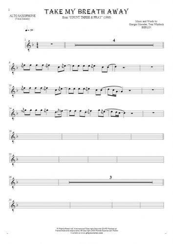 Take My Breath Away - Notes for alto saxophone - melody line