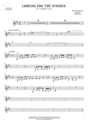Looking For The Summer - Notes for guitar - melody line