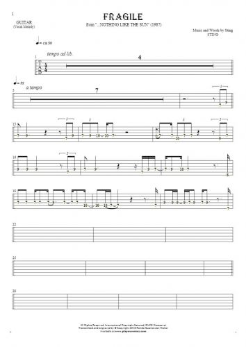 Fragile - Tablature (rhythm. values) for guitar - melody line