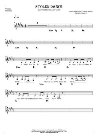Stolen Dance - Notes, lyrics and chords for solo voice with accompaniment