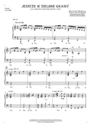 Jeszcze w zielone gramy - Notes (in transposing) for piano - accompaniment
