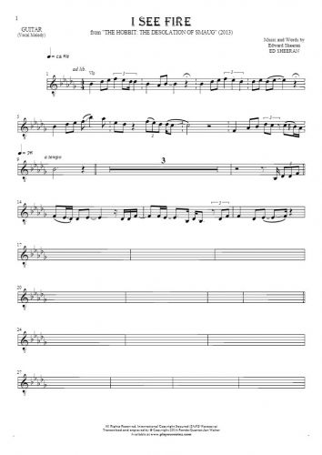 I See Fire - Notes for guitar - melody line