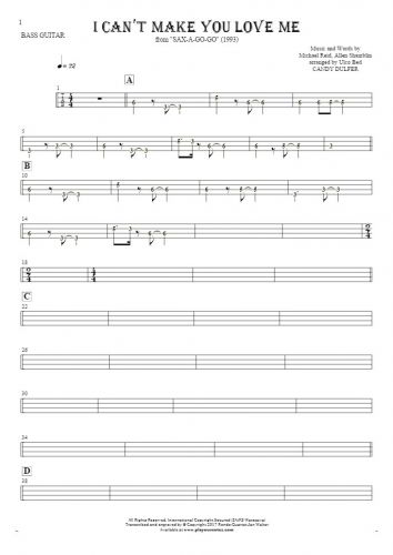 I Can't Make You Love Me - Tablature (rhythm. values) for bass guitar
