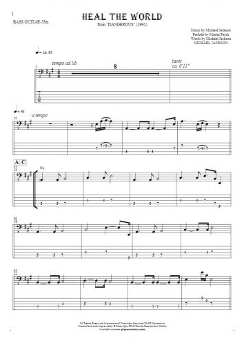 Heal The World - Notes and tablature for bass guitar (5-str.)