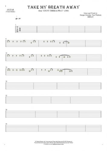 Take My Breath Away - Tablature for guitar - melody line