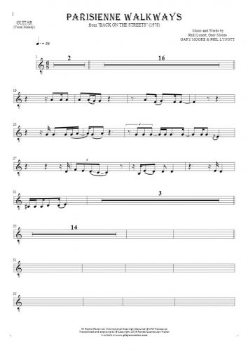 Parisienne Walkways - Notes for guitar - melody line