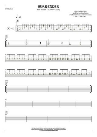 Surrender - Tabulatura (wartości rytmiczne) na gitarę - partia gitary 1