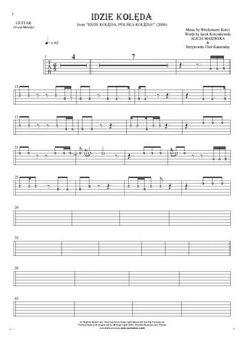 Idzie kolęda - Tablature (rhythm. values) for guitar - melody line