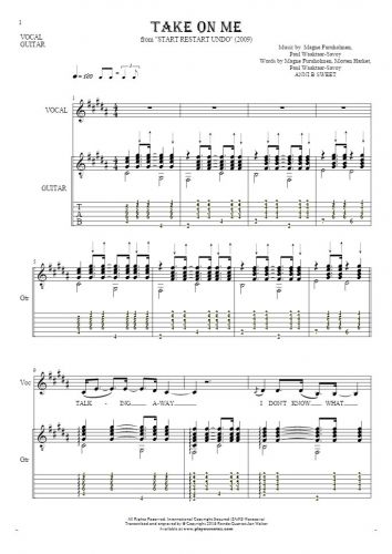 Take On Me - Notes, tablature and lyrics for vocal with guitar accompaniment