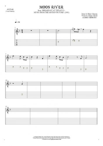 Moon River - Notes and tablature for guitar - melody line