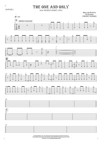 The One And Only - Tablature (rhythm. values) for guitar - guitar 2 part