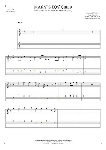 Mary's Boy Child - Notes and tablature for guitar - melody line