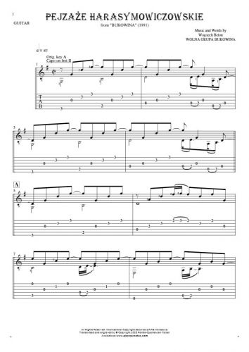 Pejzaże harasymowiczowskie - Notes (in transposing) and tablature for guitar