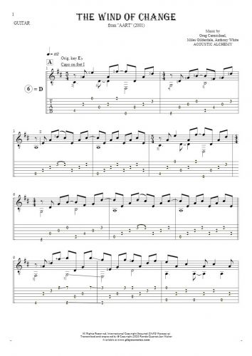 The Wind of Change - Notes (in transposing) and tablature for guitar