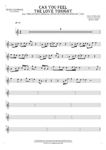 Can You Feel the Love Tonight - Notes for tenor saxophone - melody line