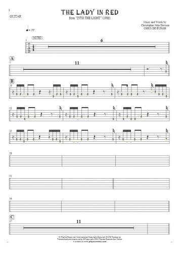 The Lady in Red - Tablature (rhythm. values) for guitar
